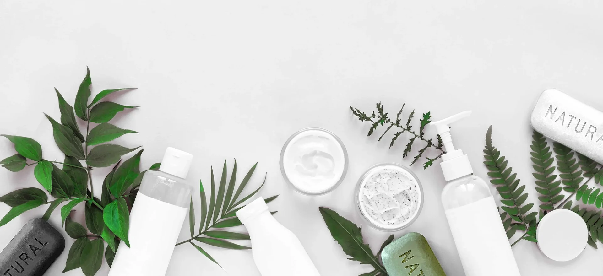 Assortment of natural skincare products with green leaves, including soap, lotion bottles, and creams in a minimalist layout.